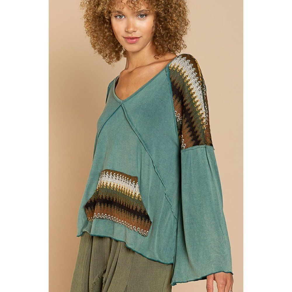 POL Clothing Evergreen V Neck Top Shirt Embroidered Fall Winter Women FKT763 - Picture 3 of 8